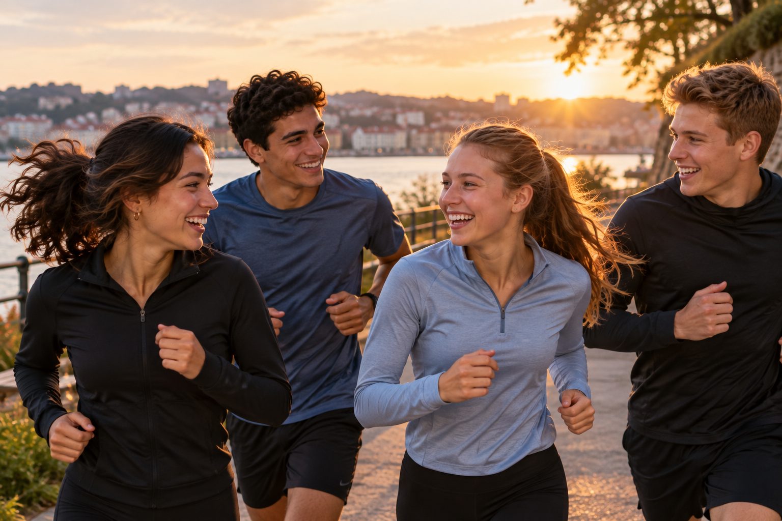 Fire venner jogger og ler sammen langs vannet i solnedgangen.
